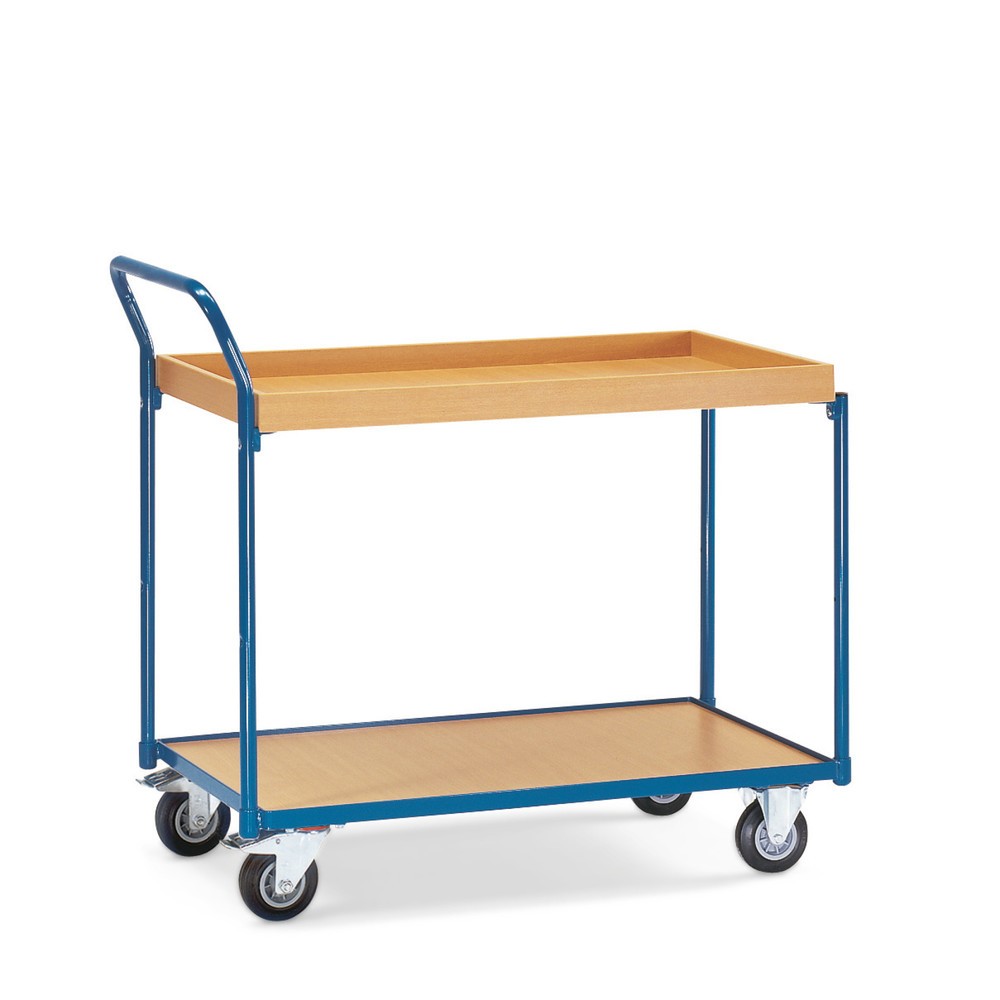 Image of Sicherer Stauraum für bewegliche Teile Teile, die leicht rollen oder gleiten, müssen beim Transport gesichert werden. Mit dem Tischwagen von fetra® wird dieser zeitraubende Arbeitsschritt unnötig. Denn der oben angebrachte Holzkasten verhindert durch den 