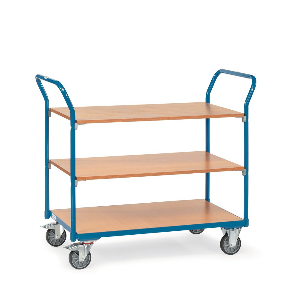 Image of Ränder sind beim Beladen oft hinderlich und störend Mit dem Tischwagen von fetra® ist das kein Problem. Die Böden sind ohne Rahmen an dem geschweissten Stahlrohr-Rahmen angebracht und aus Holzwerkstoff mit einer glatten Oberfläche in Buchenholzoptik. Das 