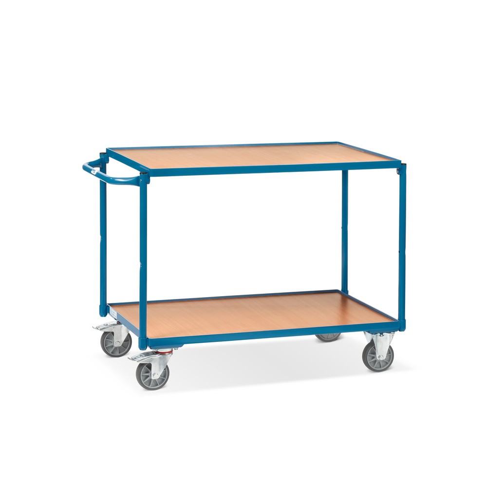 Image of Tischwagen fetra® mit pulverbeschichtetem Rahmen Die Böden des schlagfesten Tischwagens fetra® sind im Stahlrahmen eingelegt und haben einen 12 mm hohen Rand. Die soliden Holzwerkstoffplatten sind mit Buchendekor auf der Oberfläche ausgestattet. 2 Lenk- u