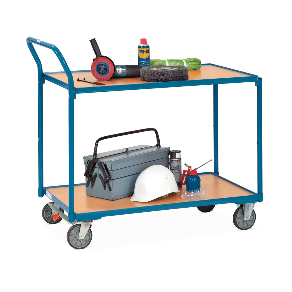 Image of Tischwagen fetra® mit pulverbeschichtetem Rahmen Die Böden des schlagfesten Tischwagens fetra® sind im Stahlrahmen eingelegt und haben einen 12 mm hohen Rand. Die soliden Holzwerkstoffplatten sind mit Buchendekor auf der Oberfläche ausgestattet. 2 Lenk- u