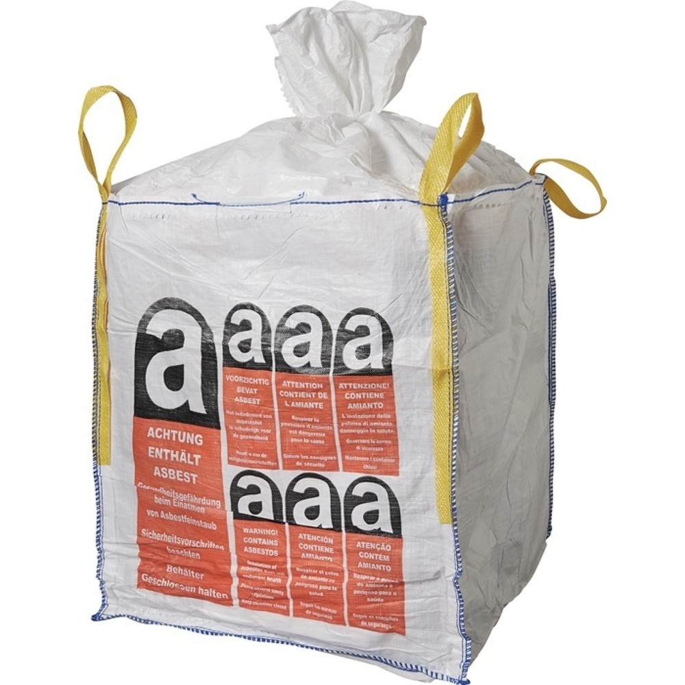 Image of  erfüllt die Anforderung der TRGS 519Transportsack Big Bag, Tragfähigkeit 1000 kg, Länge 900 mm Breite 900 mm Höhe 1100 mm, Aufdruck: Asbest Transportsack Big Bag, Tragfähigkeit 1000 kg, Länge 900 mm Breite 900 mm Höhe 1100 mm, Aufdruck: Asbest