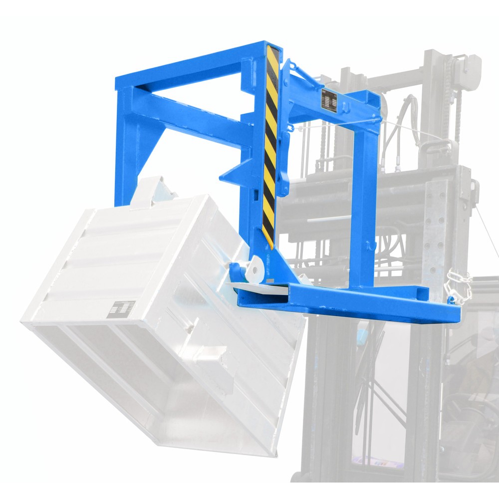 Image of  Aufnahme des Stapelkippers an den AufnahmezapfenTraverse Typ BST-U für stapelbare Kippbehälter, TK 500 kg, Volumen 0,3 m³, RAL 5012 lichtblau Traverse Typ BST-U für stapelbare Kippbehälter, TK 500 kg, Volumen 0,3 m³, RAL 5012 lichtblau