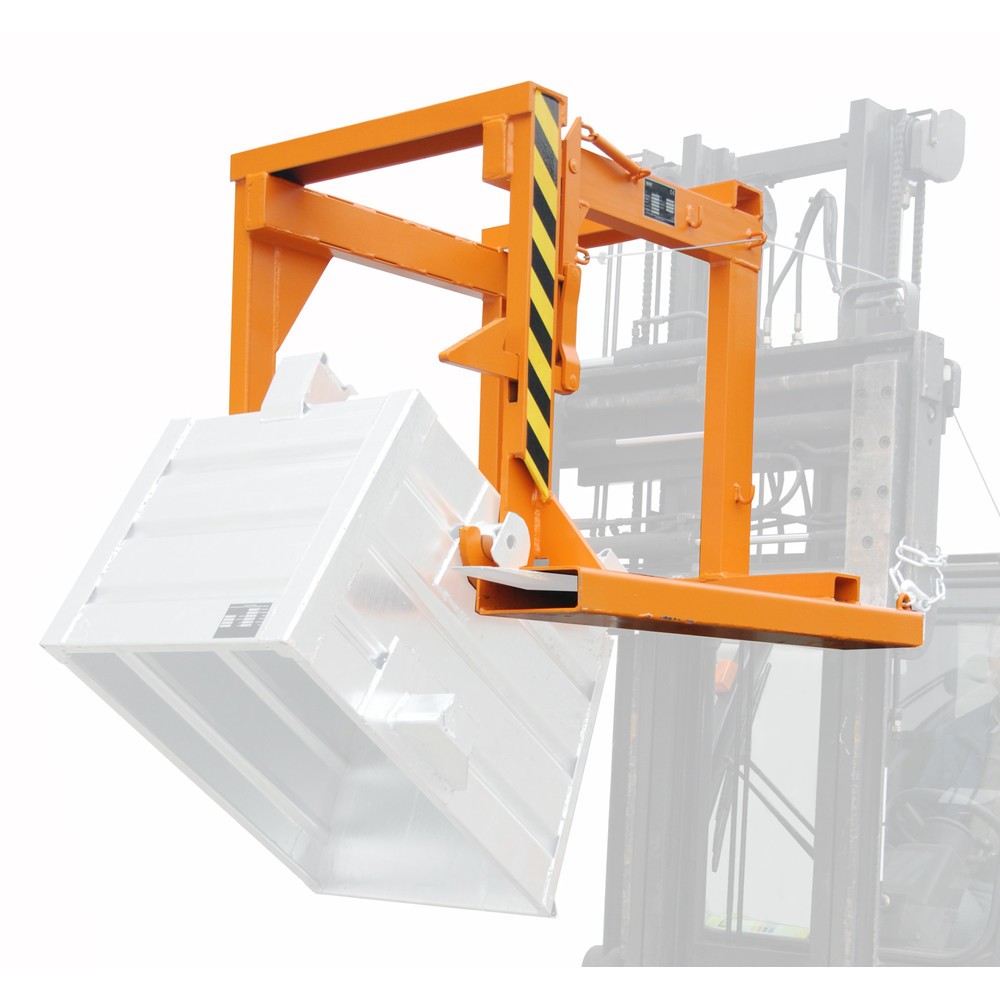 Image of  Aufnahme des Stapelkippers an den AufnahmezapfenTraverse Typ BST-U für stapelbare Kippbehälter, TK 500 kg, Volumen 0,3 m³, RAL 2000 gelborange Traverse Typ BST-U für stapelbare Kippbehälter, TK 500 kg, Volumen 0,3 m³, RAL 2000 gelborange