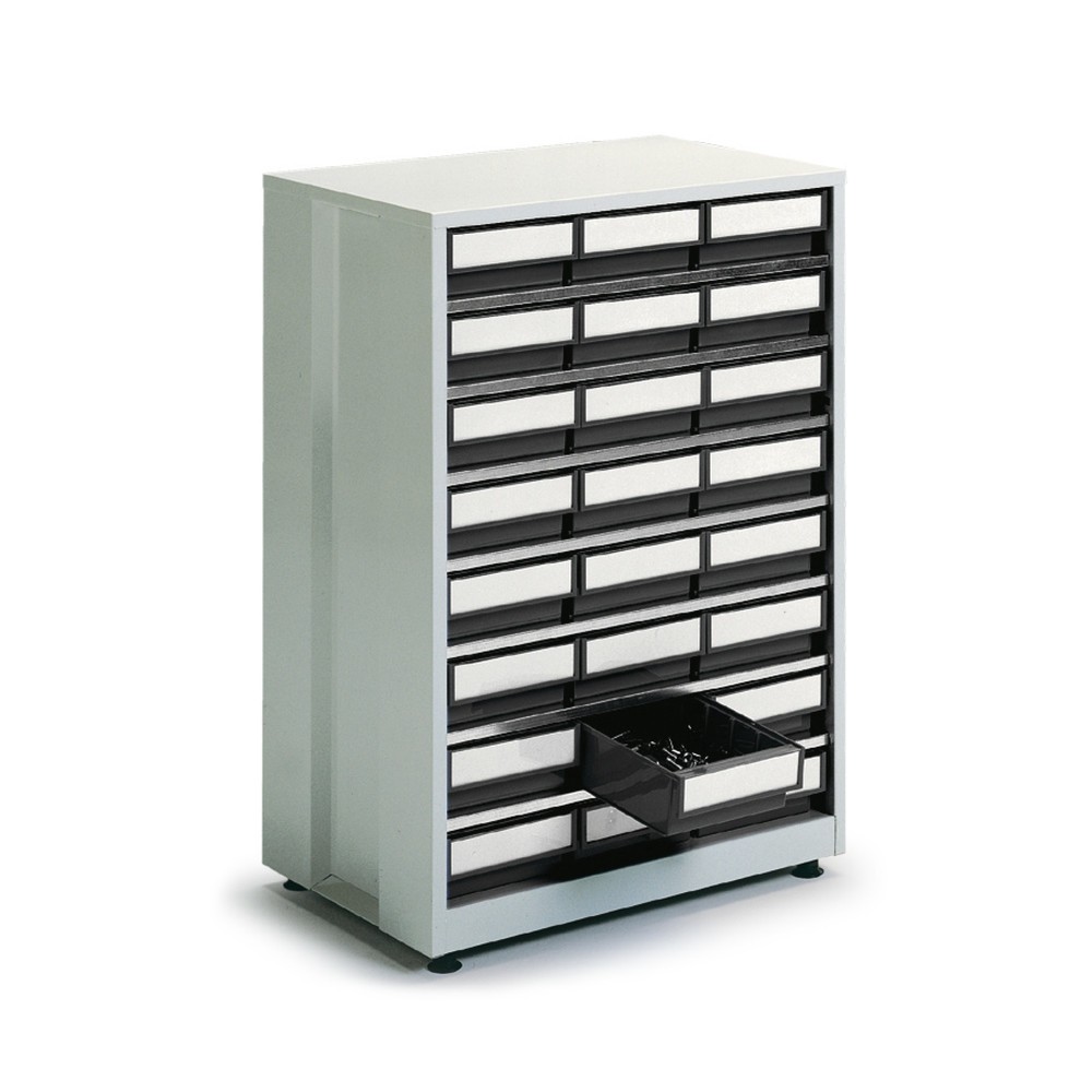 Image of Schubladenmagazin mit 24 Schubladen Das Schubladenmagazin kann einzeln genutzt werden, gestapelt, an der Wand befestigt oder im praktischen Drehständer kombiniert. Somit können Kleinteile vielfältig und flexibel gelagert und untergebracht werden. Alle Aus