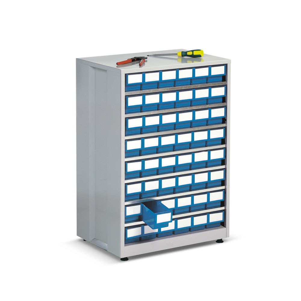 Image of Schubladenmagazin mit 48 Schubladen Das Schubladenmagazin kann einzeln genutzt werden, gestapelt, an der Wand befestigt oder im praktischen Drehständer kombiniert. Somit können Kleinteile vielfältig und flexibel untergebracht werden. Alle Ausführungen sin