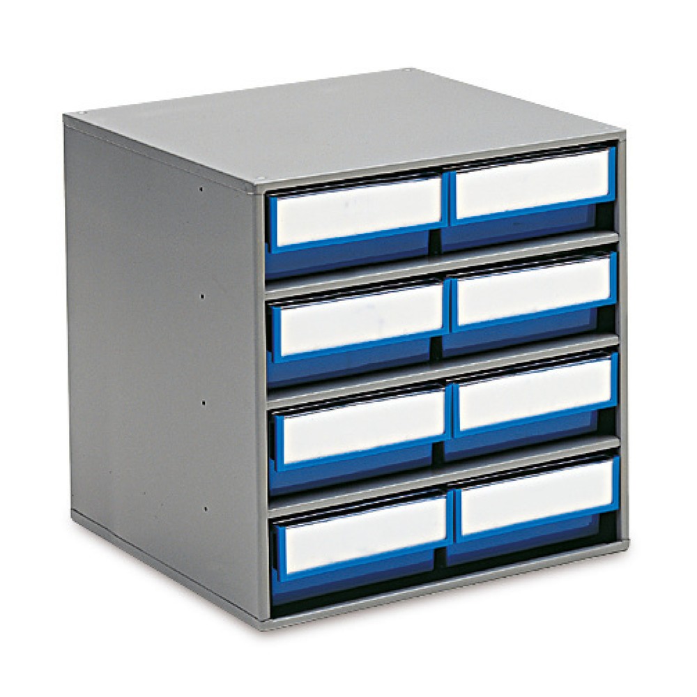 Image of Schubladenmagazin mit 8 Schubladen Das Schubladenmagazin für die Lagerung von Kleinteilen kann vielfältig und flexibel untergebracht werden. Einzeln, gestapelt, an der Wand befestigt oder im praktischen Drehständer kombiniert. Durch die integrierte Auszug