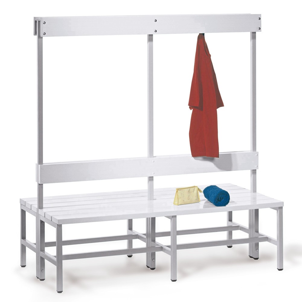 Image of Umkleidesitzbank im schlichtem Design Die Umkleidesitzbank PAVOY, 2-seitig, mit Hakenleiste besteht aus einem robusten Vierkant-Stahlrohr-Gestell, welches pulverbeschichtet ist und verfügt zudem über stabile Sitz- und Rückenleisten aus Kunststoff. Somit e