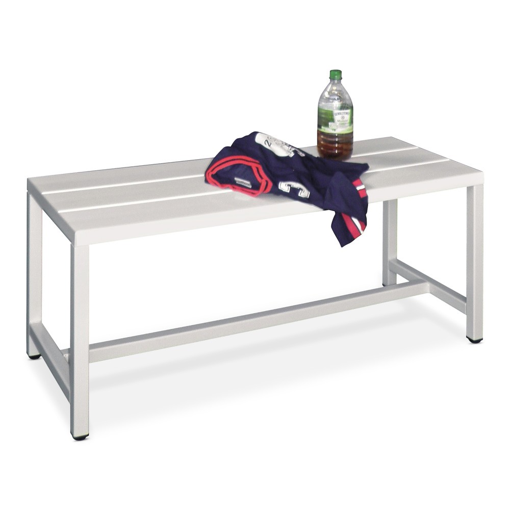 Image of Umkleidesitzbank in schlichtem Design Die Umkleidesitzbank PAVOY besteht aus einem robusten Vierkant-Stahlrohr-Gestell, welches pulverbeschichtet ist und verfügt zudem über stabile Sitzleisten aus Kunststoff. Somit eignet sich die Sitzbank optimal für Umk