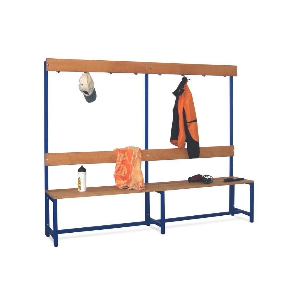 Image of Umkleidesitzbank in schlichtem Design Die Umkleidesitzbank PAVOY mit Buchenholzleisten, 1-seitig, mit Hakenleiste besteht aus einem robustem Vierkant-Stahlrohr-Gestell, welches pulverbeschichtet ist und verfügt zudem über stabile Sitz- und Rückenleisten a