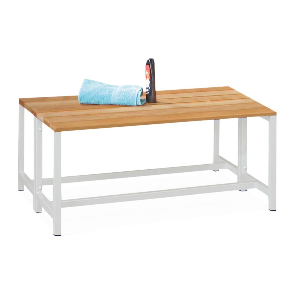 Image of Stabil und funktional: die Umkleidesitzbank PAVOY mit Buchenholzleisten Umkleidebänke sind unverzichtbare Garderobenmöbel in Umkleiden. Diese einfache Umkleidesitzbank PAVOY mit Buchenholzleisten, 2-seitig punktet mit einer komfortablen Sitzhöhe und Sitzt