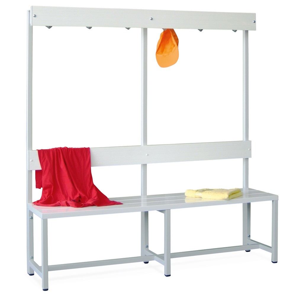 Image of Umkleidesitzbank in schlichtem Design Die Umkleidesitzbank PAVOY mit Hakenleiste besteht aus einem robusten Vierkant-Stahlrohr-Gestell, welches pulverbeschichtet ist und verfügt zudem über stabile Sitz- und Rückenleisten aus Kunststoff. Somit eignet sich 