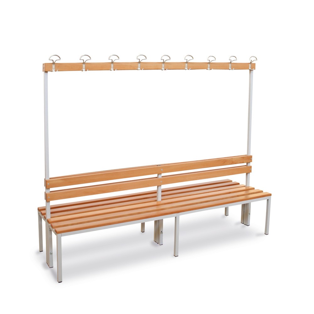 Image of Sitzgelegenheit für Ihre Umkleideräume Die Umkleidesitzbank Steinbock®, 2-seitig mit Hakenleiste verfügt über eine stabile Sitz- und Rückenlehne aus Buchenholz und eignet sich daher bestens für Umkleideräume. Die Buchenholzleisten sind mit Klarlack lackie