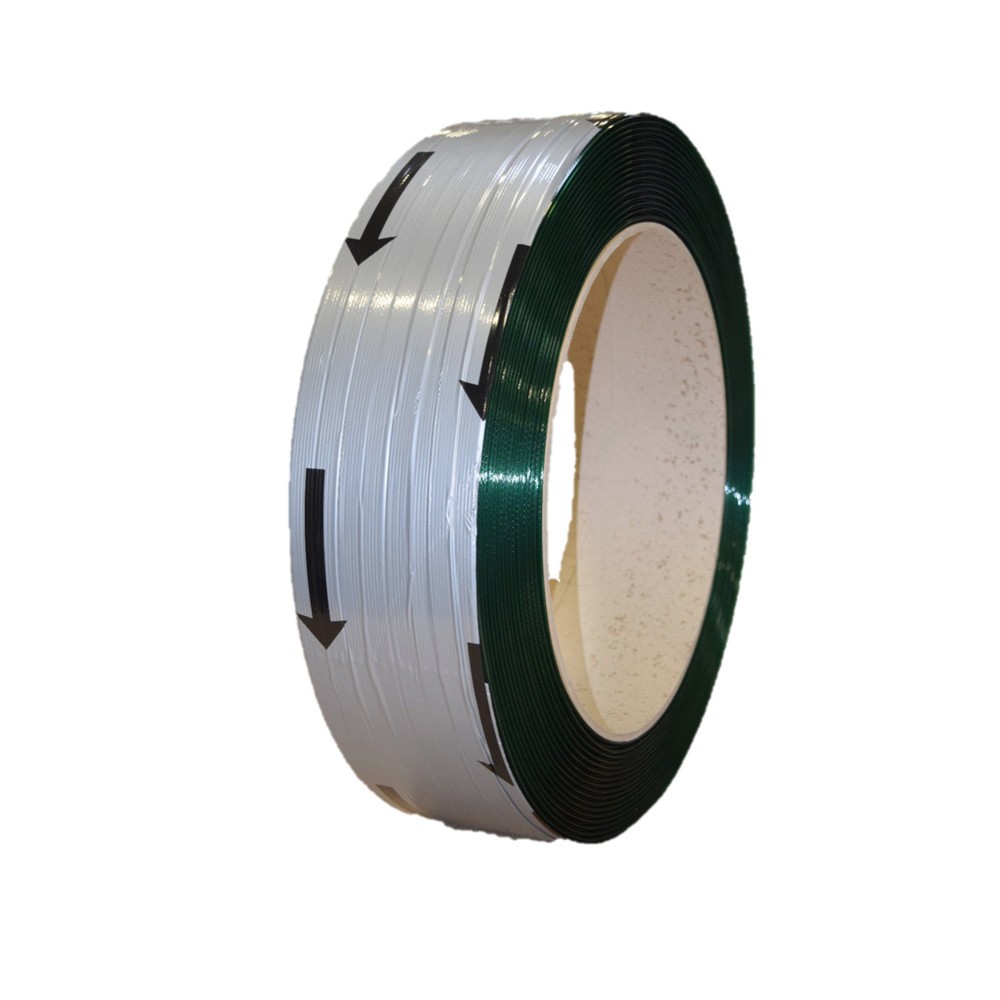 Image of PREMIUM PET-Umreifungsband; 19x0,8 mm ; 406 mm Kerndurchmesser, Farbe: grün; Oberfläche: geprägt; 1200 m Lauflänge; Reissfestigkeit: 660 kg; durchschnittlich 11,9 g/mUmreifungsband aus PET, High Quality, geprägt, 12,5 x 0,6 mm Umreifungsband aus PET, High