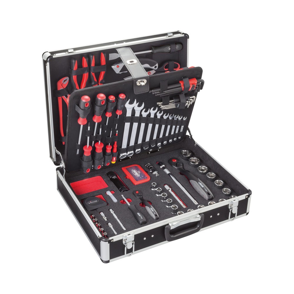 Image of Ausgezeichneter Werkzeugkoffer mit umfangreichem Sortiment Mit dem Universal-Werkzeugkoffer von VIGOR® erhalten Sie ein hochwertiges Sortiment von Werkzeugen, das Sie für die unterschiedlichsten Arbeiten einsetzen können. Das hochwertige Werkzeug wurde pr
