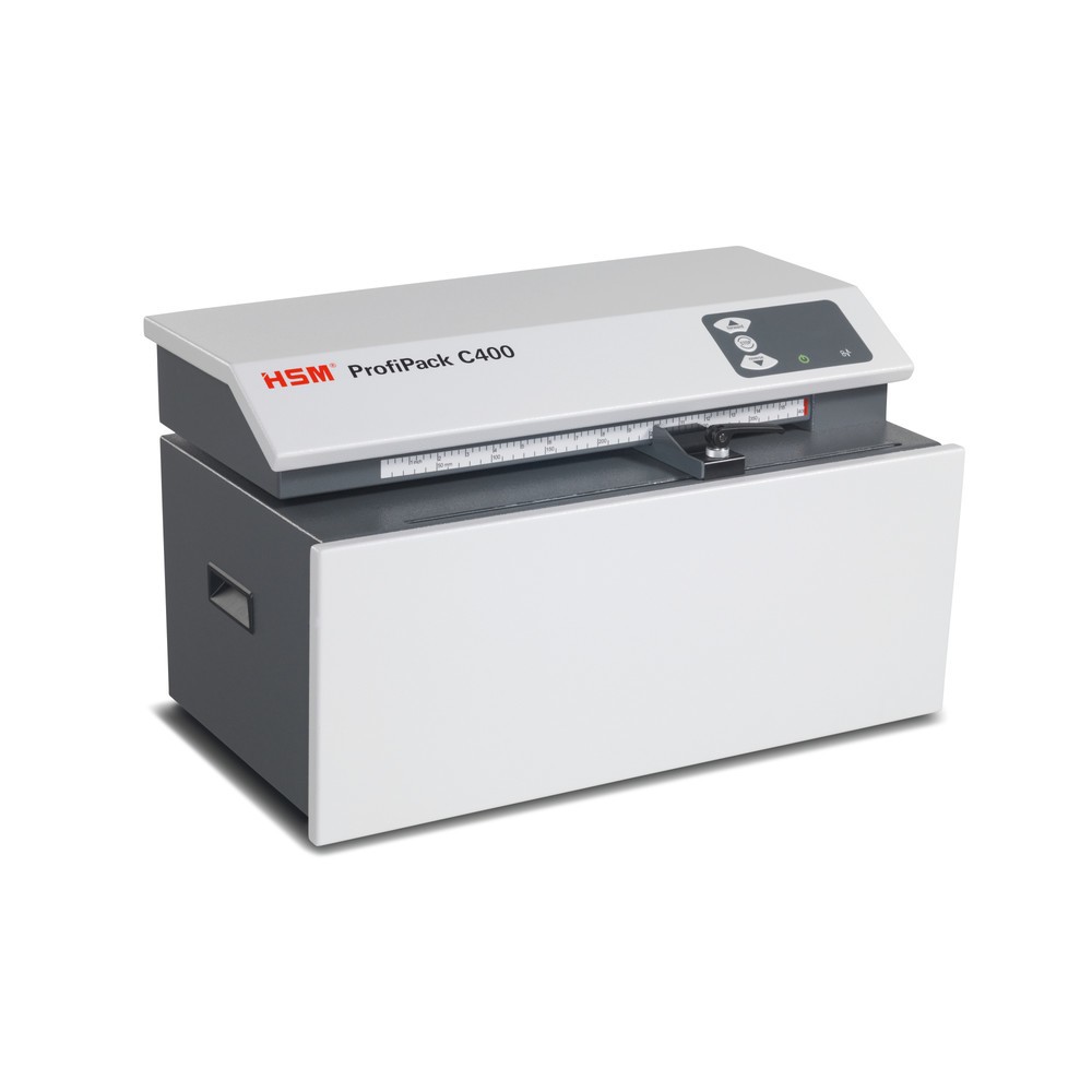 Image of Von alter Kartonage zum aufgepolstertem Verpackungsmaterial in einem Schritt Die kompakte Verpackungspolstermaschine HSM ProfiPack C400 verarbeitet alte Kartons zu Verpackungsmaterial um. Ein leistungsstarker Motor ermöglicht einen dauerhaften Betrieb. Du