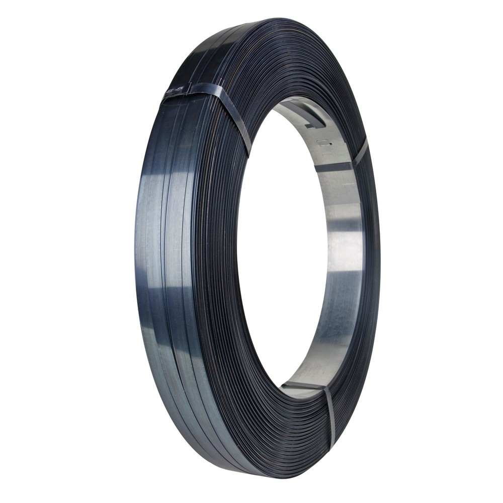 Image of Verpackungsstahlband gebläut & gewachst; 12,7 x 0,5 mm; Packenwicklung; ca. 406 Innenkerndurchmesser; ca. 850-930 N/mm² Bruchlast; ca. 6% Bruchdehnung; arrondierte KantenVerpackungsstahlband gebläut + gewachst, 12,7 x 0,5 mm, Scheibenwicklung Verpackungss