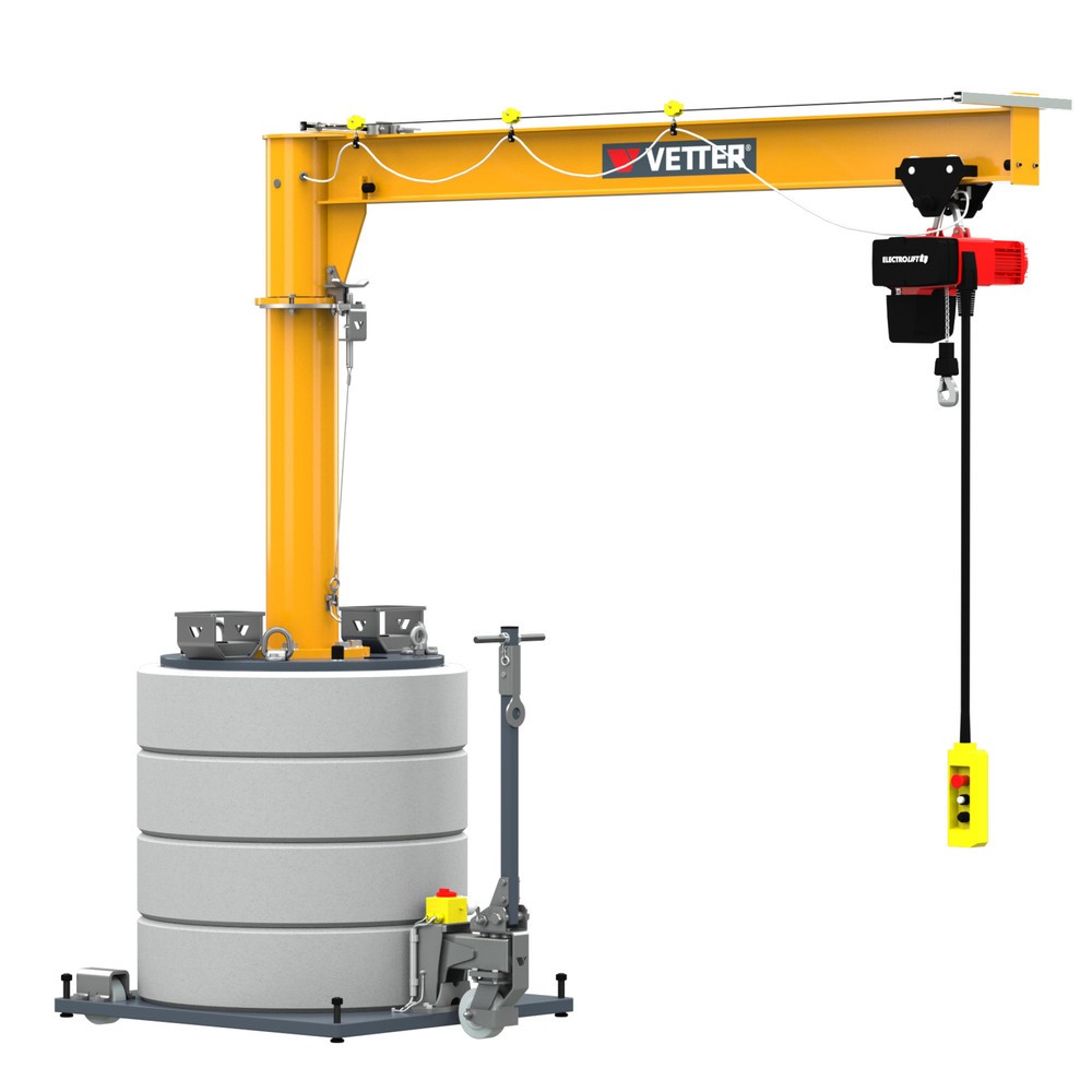 Image of Mobiler Wanderkran mit Tragfähigkeit bis zu 1.000 kg Der mobile VETTER Schwenkkran inkl. LIFTKET Elektrokettenzug sorgt bei Maschinenreparaturen, Montage- und Kommissionierarbeiten durch seinen 360°-Schwenkbereich für grösstmögliche Flexibilität in Ihrer 
