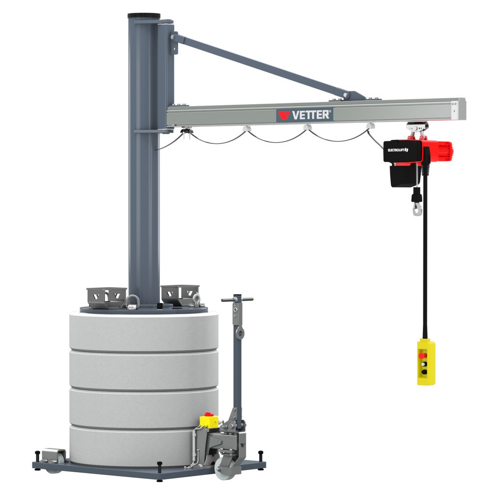 Image of Mobiler Leichtbau-Wanderkran inkl. Kettenzug mit Tragfähigkeiten bis 500 kg Ob als Beistellkran zur Maschinenbeschickung, für temporäre Wartungen und Reparaturen oder als flexibler Helfer an Montage- und Kommissionierplätzen: Der mobile VETTER Schwenkkran