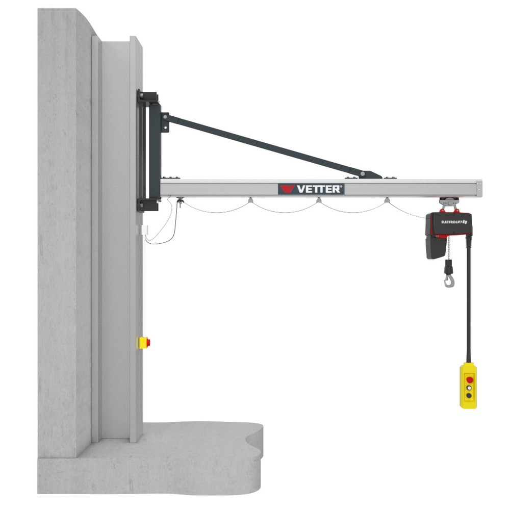 Image of Alu-Wandkran für leichtgängige Schwenkbewegungen Mit der Wandausführung des VETTER Schwenkkrans UNILIFT inkl. LIFTKET Elektrokettenzug heben Sie Lasten bis 500 kg schnell und komfortabel. Der gewichtsreduzierte Kranausleger aus Aluminium eignet sich ideal