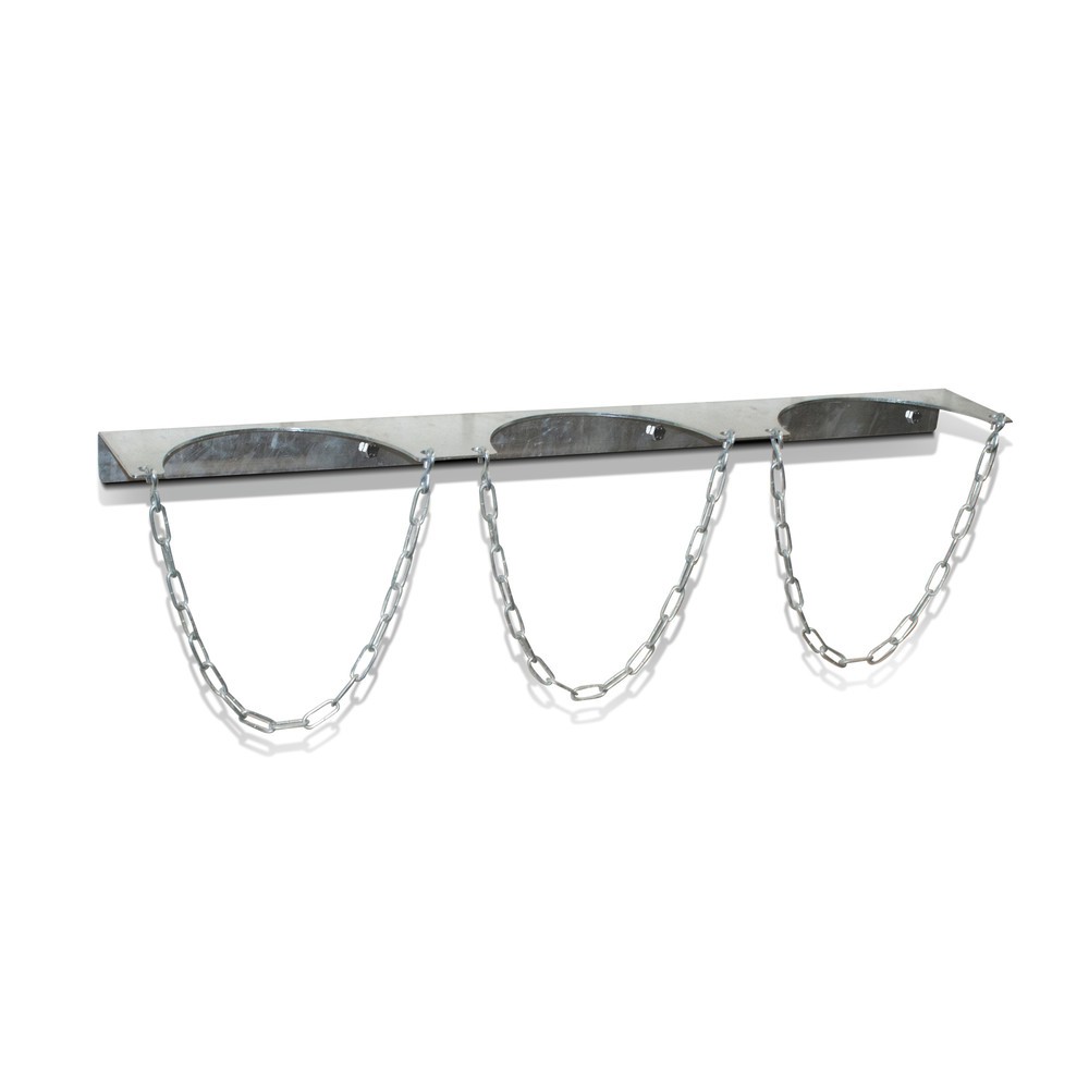 Image of Gasflaschen sicher an der Wand aufbewahren Die Wandhalterung für Gasflaschen ermöglicht Ihnen, Gasbehälter an Wänden zu fixieren. Zu diesem Zweck ist die Halterung bereits für die Wandmontage vorbereitet. Feuerverzinktes Stahlblech und eine Sicherungskett