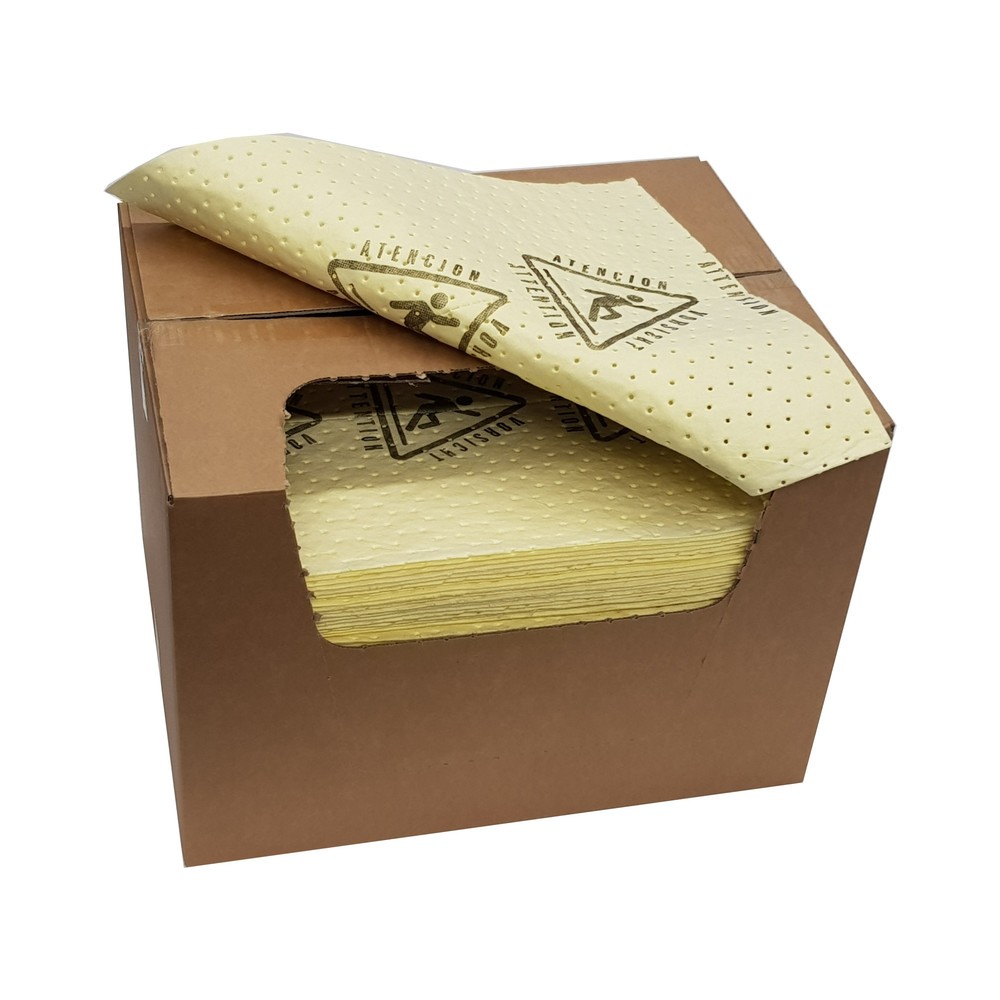 Image of Zum Binden von flüssigen Gefahrstoffen in öffentlichen Bereichen: das Warndruck-Bindevlies SM Mit dem Warndruck-Bindevlies SM nehmen Sie sämtliche auslaufende Flüssigkeiten im Notfall schnell und sicher auf. Das Design in Signalfarbe Gelb und der aufgedru