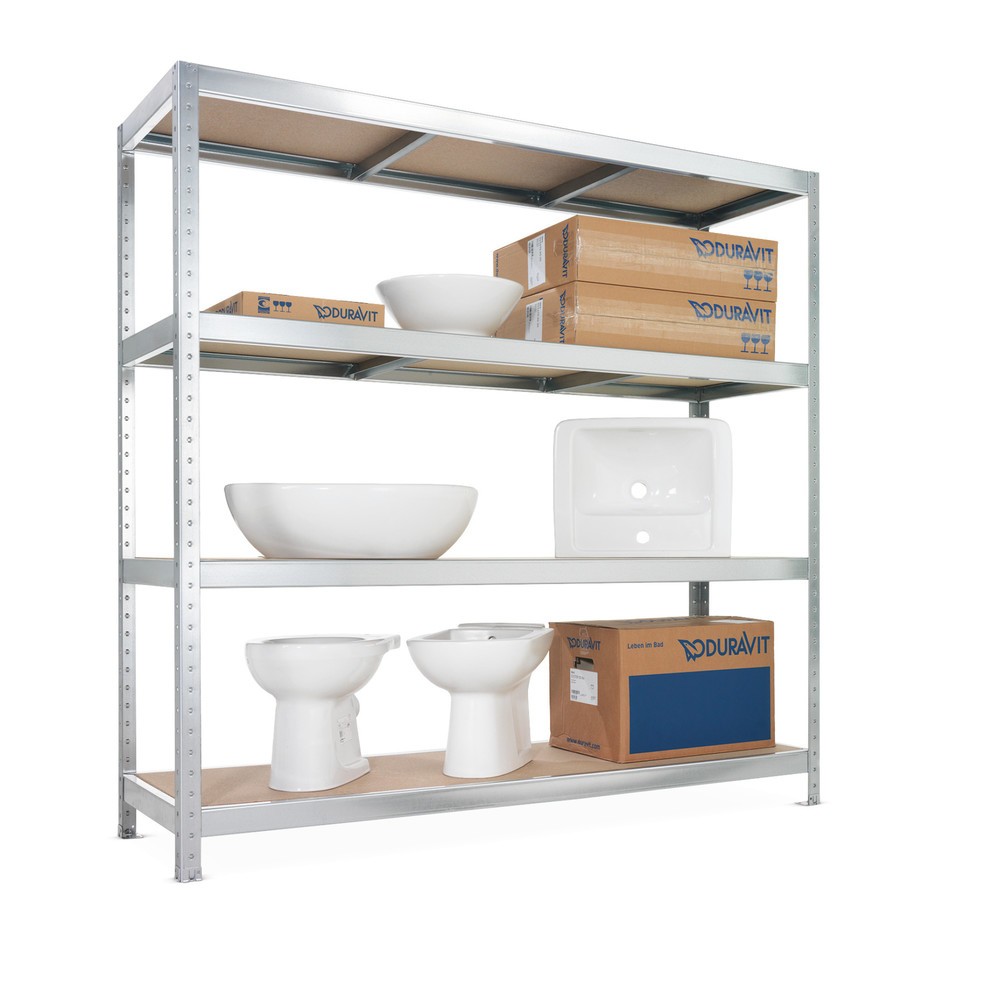 Image of Platzsparend lagern mit dem META Weitspannregal mit Spanplatten Dieses Weitspannregal von META schliesst die Lücke zwischen Fachbodenregal und Palettenregal. Speziell für die Lagerung grossvolumiger Waren und Lagermaterialien konzipiert, überzeugt es durc