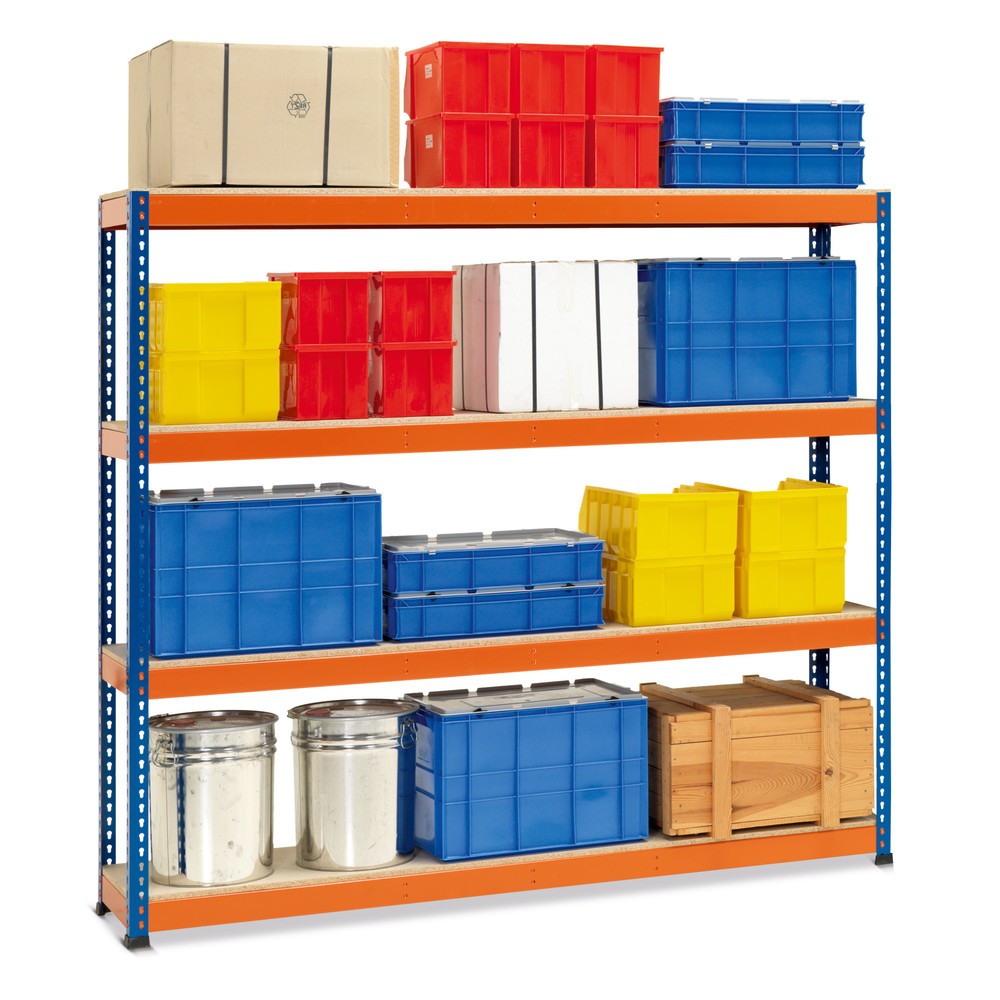 Image of Weitspannregale mit Spanplatten-Fachböden bieten viel Platz für Ihre Lagergüter In diesem Lageregal lagern Sie selbst lange und unhandliche Waren sicher und leicht zugänglich. Die Spanplatten-Fachböden bei diesem Weitspannregal erweisen sich auch über län