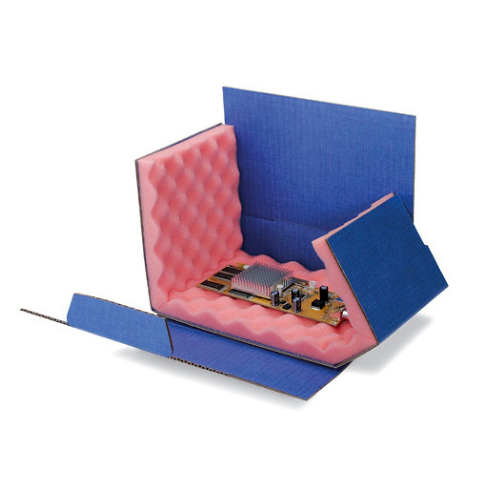 Image of  Schaummaterial: 6 mm hoher SteckschaumChipbox, 200 x 140 x 50 mm, ESD, blau, mit 20 mm rosa Innenschaum Chipbox, 200 x 140 x 50 mm, ESD, blau, mit 20 mm rosa Innenschaum