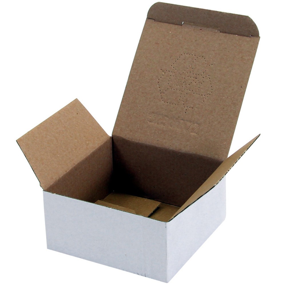 Image of  Geringer Arbeitsaufwand und hohe ZeitersparnisWellpapp-Faltkarton 1-wellig, 118 x 118 x 56 mm, weiss, Automatikboden Wellpapp-Faltkarton 1-wellig, 118 x 118 x 56 mm, weiss, Automatikboden