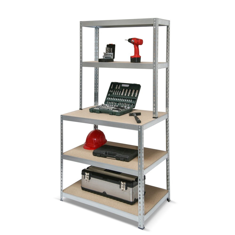 Image of Verzinktes Werkbankregal zur einfachen Steckmontage Mit wenigen Handgriffen zur platzsparenden Werkstattlösung aus Werkbank und Regal: Per Stecksystem bauen Sie das verzinkte Werkbankregal mit 150 kg Fachlast schnell und werkzeuglos auf. Genauso einfach l