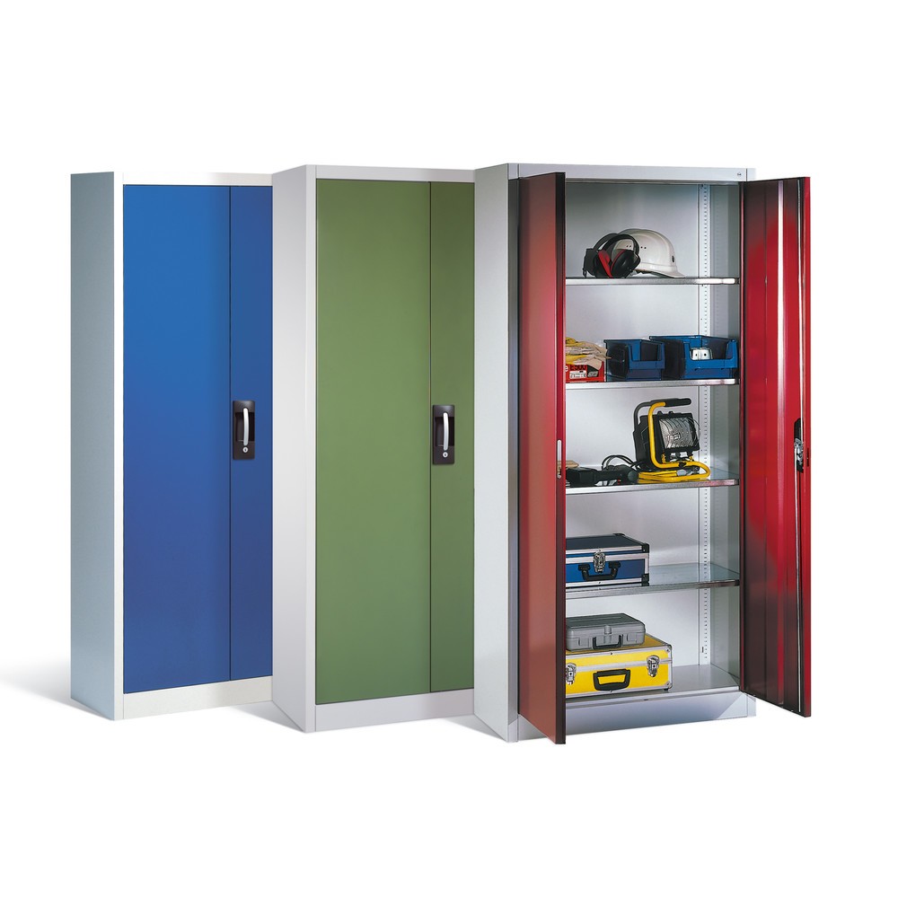 Image of Ein echter Allrounder unter den Werkstattschränken Für viele der Gegenstände und Werkzeuge, die im Arbeitsalltag zum Einsatz kommen, ist dieser Universalschrank eine sichere und komfortable Lagerlösung. Die geschlossenen Einlegeböden im Flügeltürenschrank