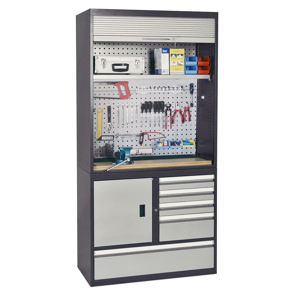 Image of Der Rollenschrank stumpf® mit Lochblech bietet reichlich Stauraum Auf kleinem Raum bietet diese Kombilösung sowohl Stauraum zur Verwahrung Ihres Werkzeugs als auch Ablagemöglichkeiten und eine ausziehbare Arbeitsfläche. Am Lochblech mit 4-Kant-Lochung hän