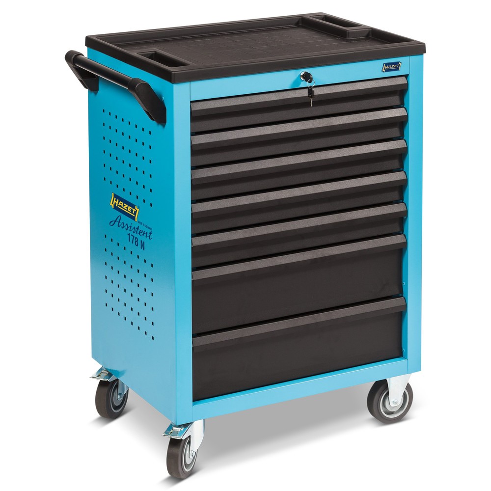 Image of Idealer Begleiter für den Einsatz an wechselnden Arbeitsplätzen Der Werkzeugwagen HAZET® Assistent® aus pulverbeschichtetem Stahlblech verstaut Ihr Werkzeug zuverlässig in 7 kompakten Schubladen mit je 20 kg Tragkraft. Die Schubladen können für den komple