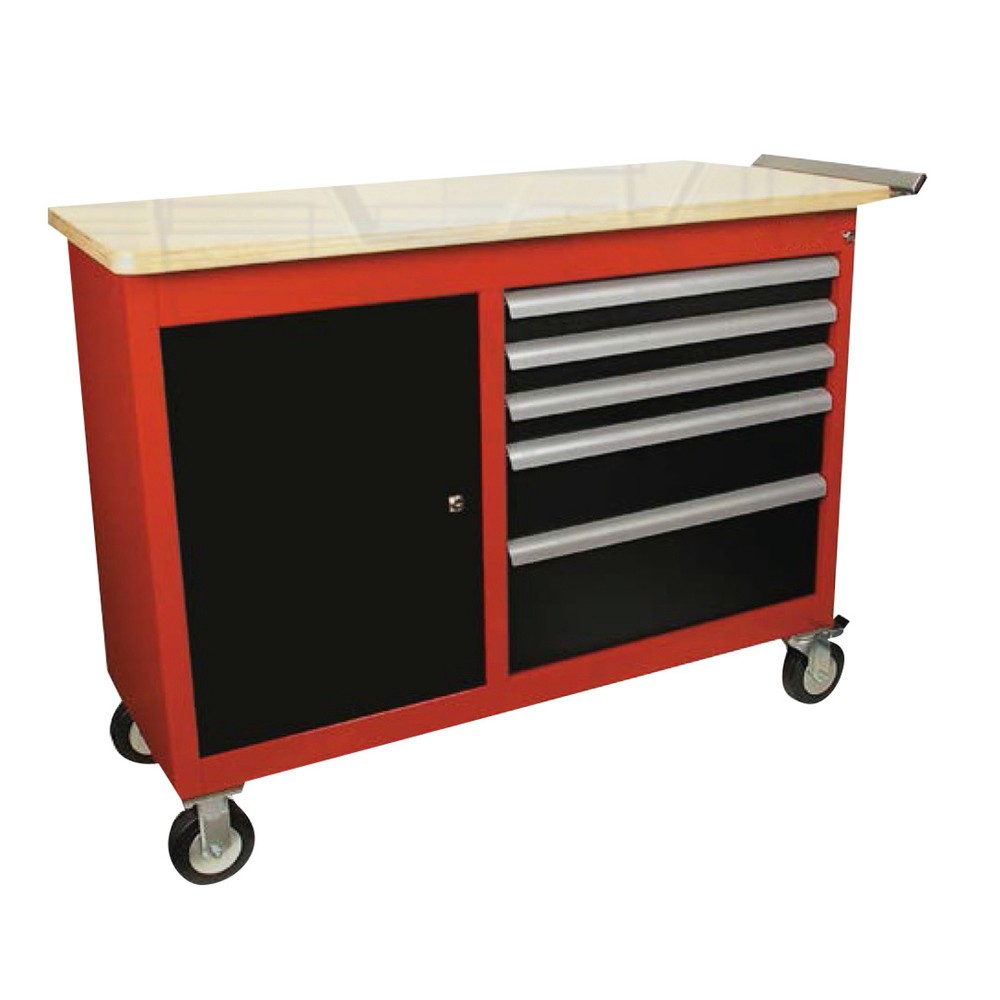 Image of Robuster Stahlblech-Werkstattwagen mit Arbeitsplatte, Flügeltürschrank und 5 Schubladen Stauraum und Arbeitsfläche kombiniert: Das bietet der Werkzeugwagen mit Arbeitsplatte und Flügeltürschrank. In dem Schrank und 5 Schubladen bringen Sie vielfältiges We