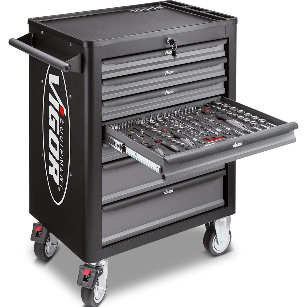 Image of Das robuste Allroundtalent zum Verstauen von Werkzeug und Material Mit dem Werkzeugwagen VIGOR® 1000 erhalten Sie einen besonders stabilen und kompakten Werkzeugwagen aus pulverbeschichtetem Stahlblech zur Aufbewahrung Ihres Werkzeugs. Die 2 Lenk- und 2 B