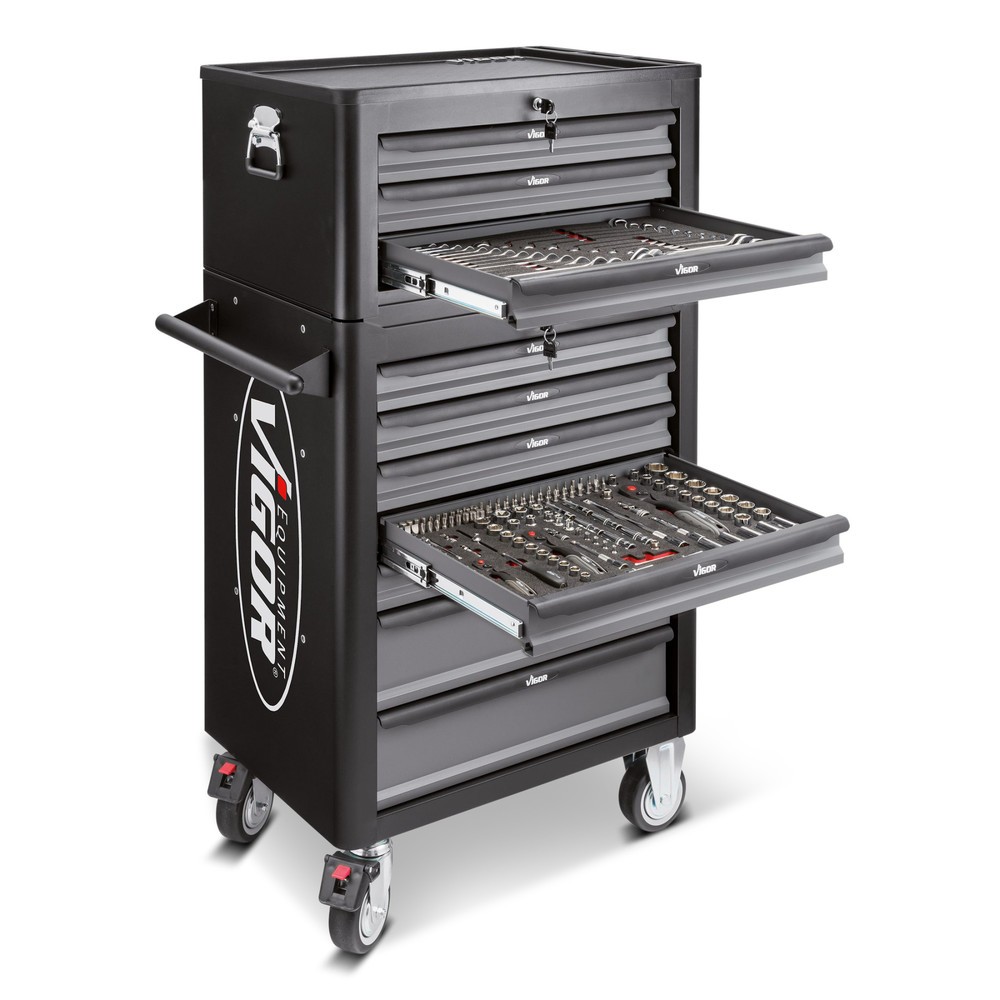 Image of Das robuste Allroundtalent zum Verstauen von Werkzeug und Material Mit dem Werkzeugwagen VIGOR® 1000 erhalten Sie einen besonders stabilen und kompakten Werkzeugwagen aus pulverbeschichtetem Stahlblech zur Aufbewahrung Ihres Werkzeugs. Die 2 Lenk- und 2 B