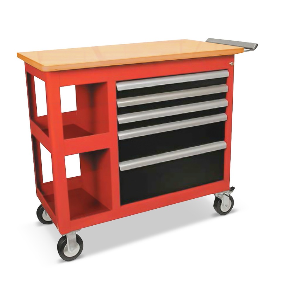 Image of Robuster Stahlblech-Werkstattwagen mit Arbeitsplatte, 2 Ablagen und 5 Schubladen Stauraum und Arbeitsfläche kombiniert: Das bietet der Werkzeugwagen WEW1. In 2 offenen Ablagen und 5 Schubladen bringen Sie sämtliches Werkzeug gut sortiert und griffbereit u