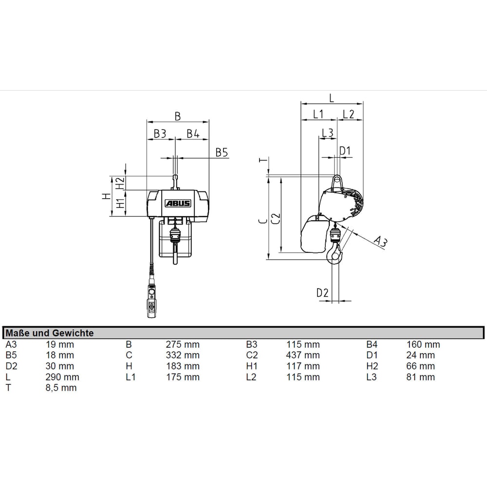 Produktabbildung Nr. 2: ABUS Elektrokettenzug GMC, stationär, TK 125 kg, 10 m Hakenweg