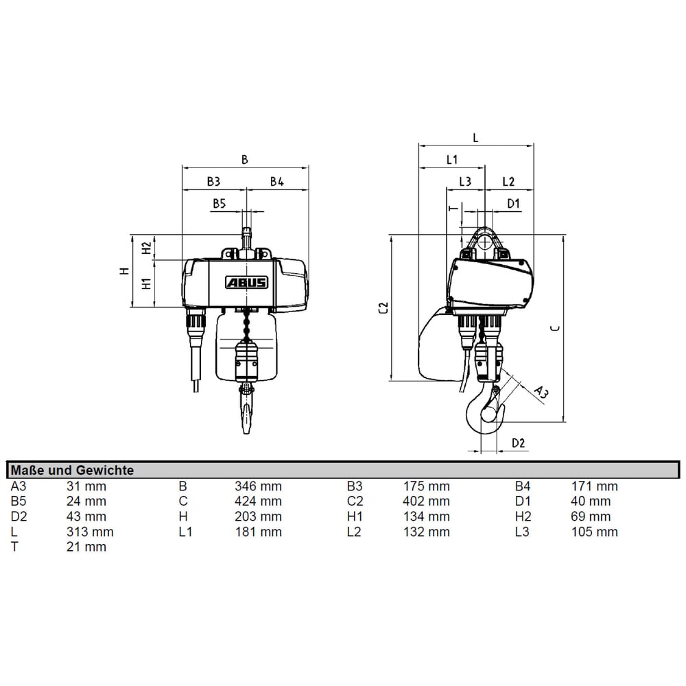 N° de l'image du produit 2 : ABUS Palan électrique à chaîne GM2, stationnaire, capacité de charge 500 kg, course du crochet 3 m