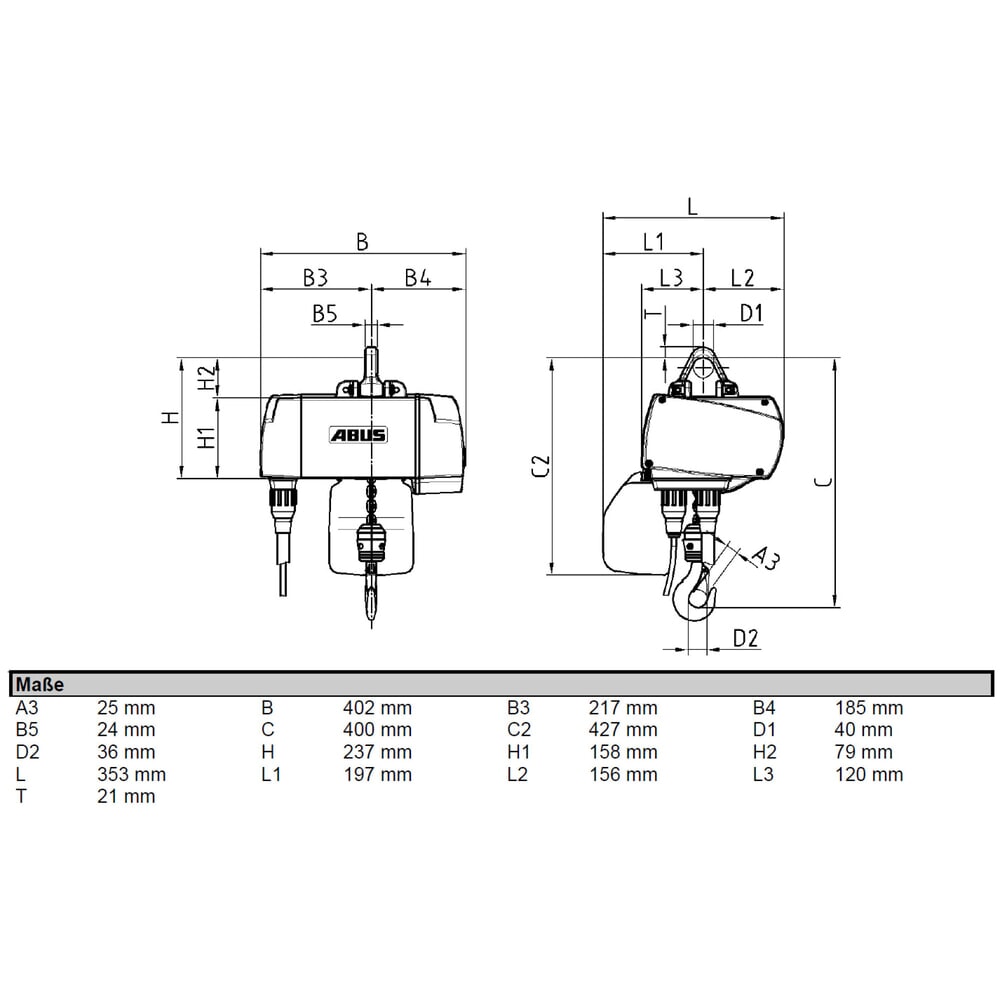 N° de l'image du produit 2 : ABUS Palan électrique à chaîne GM4, stationnaire, capacité de charge 500 kg, course du crochet 3 m