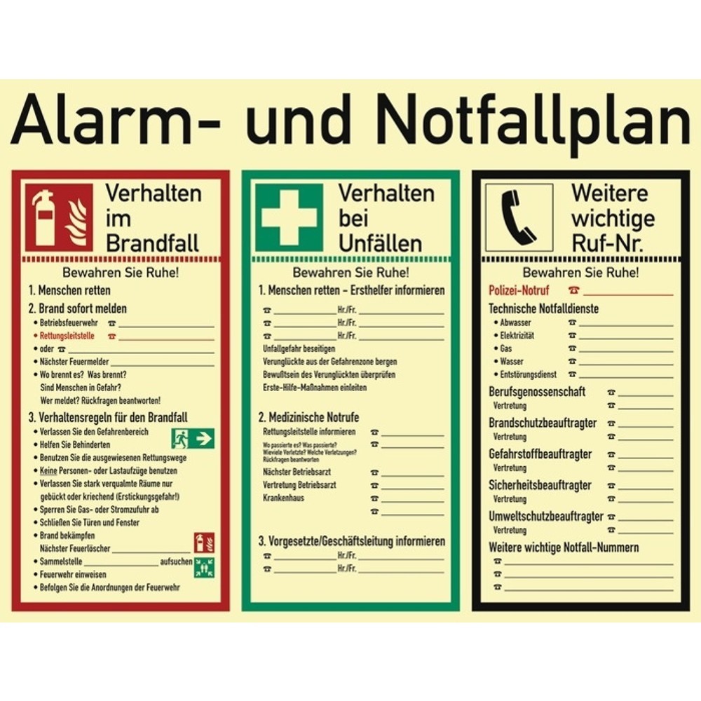 Produktabbildung: Alarm-/Notfallplan ASR A1.3/DIN EN ISO 7010/DIN 67510, Kunststoff, L620xB480 mm