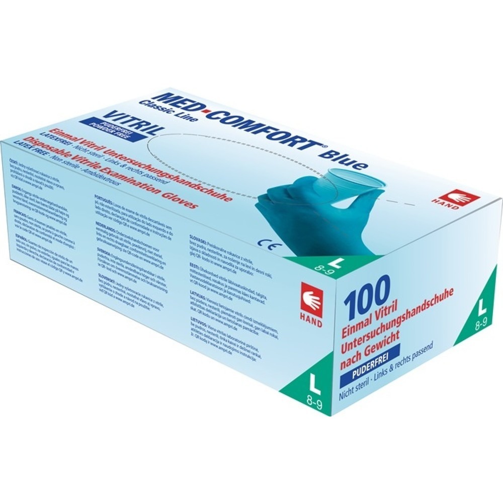 Produktabbildung: AMPRI Einweghandschuh Med Comfort Blue Vitril, Vinyl-Nitril Gemisch, Grösse L blau, 100 Stück / Box, EN 420, EN 374, EN 455 PSA-Kategorie III