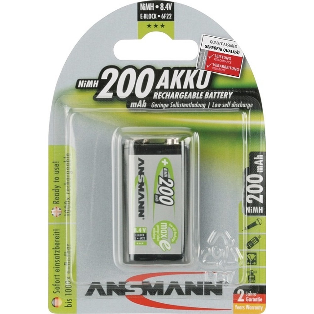 ANSMANN Akkuzelle maxE, 9V E-Block HR9V, 8,4 V 200 mAh, 1St./Blister, 1 Illustration du produit: ANSMANN Akkuzelle maxE, 9V E-Block HR9V, 8,4 V 200 mAh, 1St./Blister, 1
