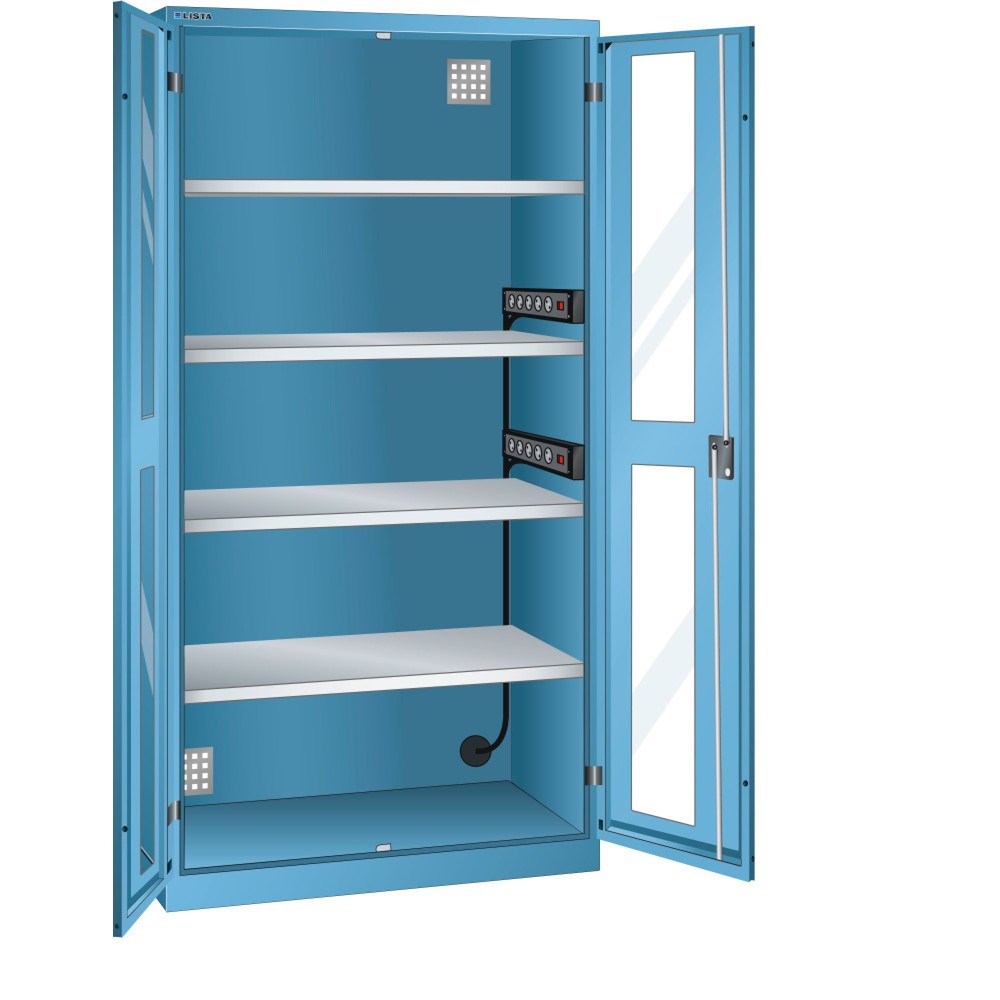 Illustration du produit: Armoire à casiers LISTA avec prises électriques, (lxPxH) 1 000x580x1 950 mm, 2 blocs multiprises sur paroi latérale, vitres transparentes, bleu clair