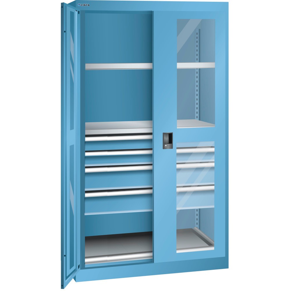 Illustration du produit: Armoire à charge lourde LISTA 54x27E, (lxPxH) 1 100x641x1 950 mm, 1 étagère coulissante, 4 tiroirs, bleu clair, CODE Lock