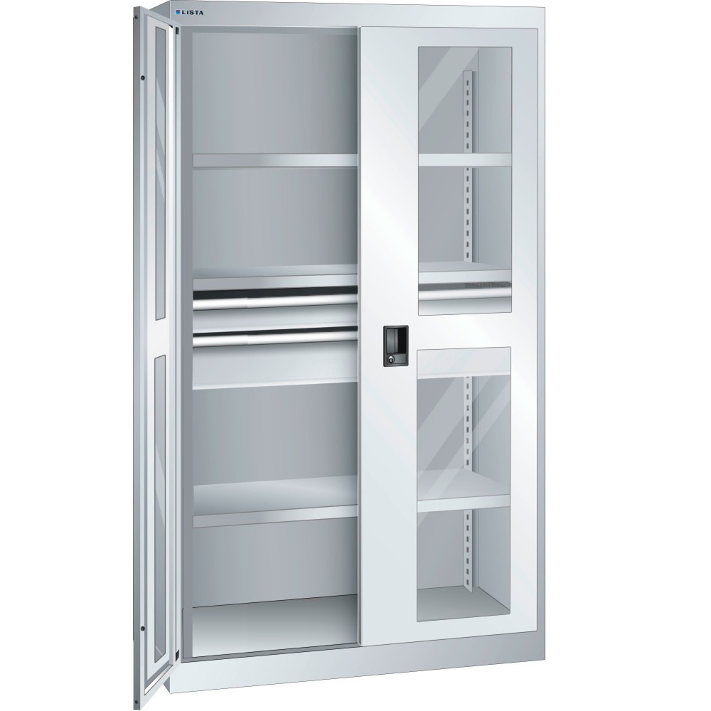 Illustration du produit: Armoire à charge lourde LISTA 54x27E, (lxPxH) 1 100x641x1 950 mm, 2 tiroirs, vitres transparentes, gris clair, KEY Lock