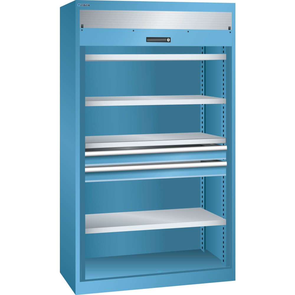 Illustration du produit: Armoire à charge lourde LISTA 54x27E, (lxPxH) 1 100x641x1 950 mm, 2 tiroirs, volet roulant, bleu clair