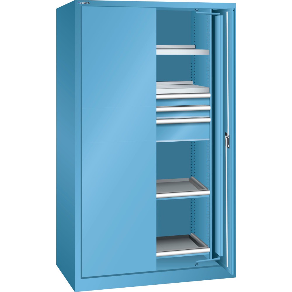 Illustration du produit: Armoire à charge lourde LISTA 54x27E, (lxPxH) 1 146x690x1 950 mm, portes rétractables, 3 tiroirs, bleu clair, CODE Lock