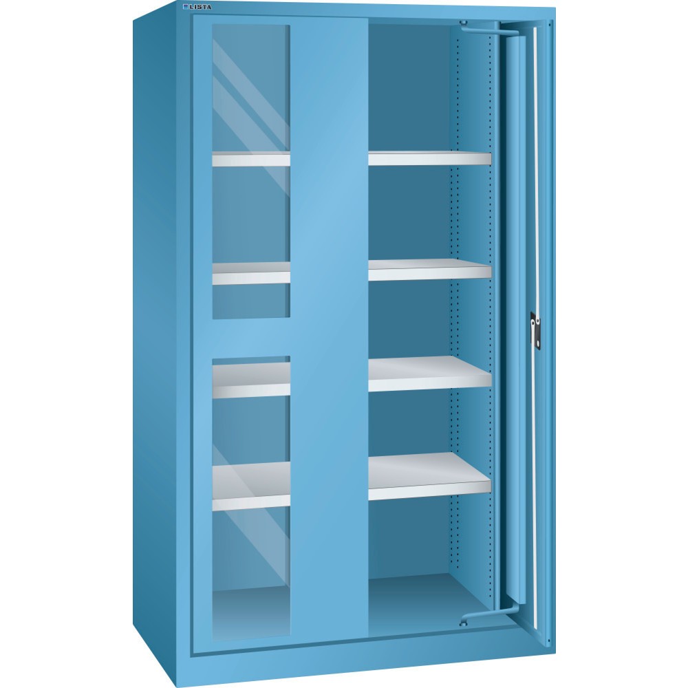 Illustration du produit: Armoire à charge lourde LISTA 54x27E, (lxPxH) 1 146x690x1 950 mm, portes rétractables, vitres transparentes, bleu clair, RFID Lock