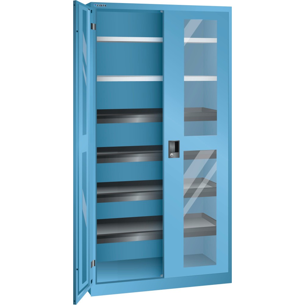Illustration du produit: Armoire à portes battantes LISTA avec vitres transparentes, (lxPxH) 1 000x580x1 950 mm, 4 étagères coulissantes, 2 étagères réglables, bleu clair, RFID Lock